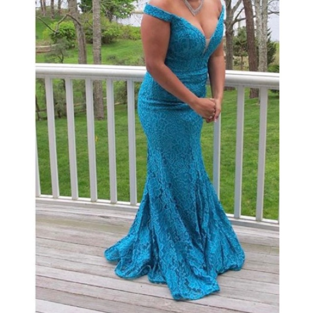 Turquoise off the shoulder prom dress